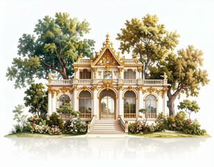 Fototapeta premium Elegant Baroque Pavilion Surrounded by Lush Green Trees and Flowers Architectural Design Illustration
