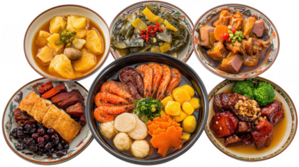 Six plates filled with various traditional new year dishes are beautifully arranged, showcasing a vibrant and celebratory culinary experience on a transparent background