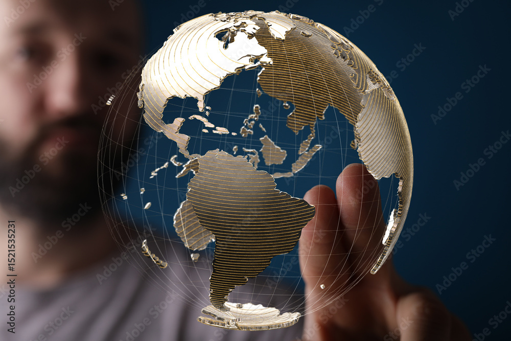 Poster Abstract image of a person interacting with a digital globe, representing global connectivity and networking.