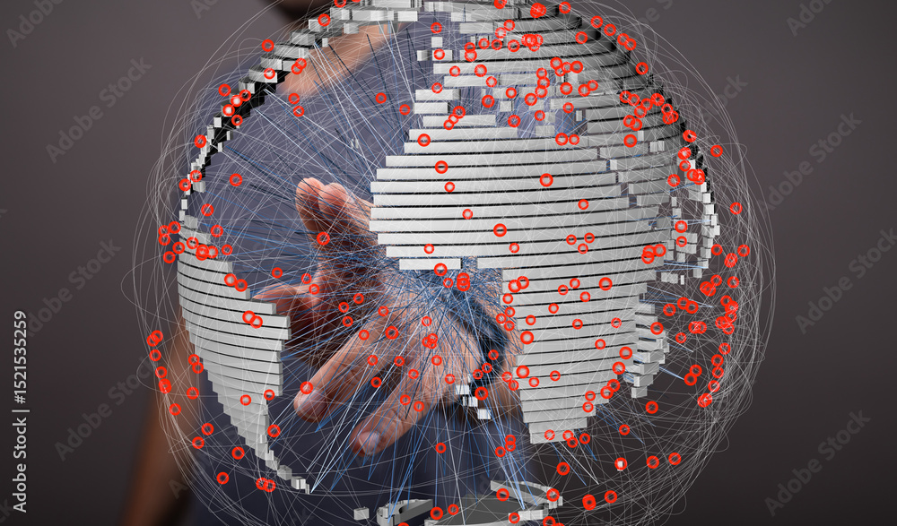 Fototapete abstract image of a hand interacting with a 3d world map, showcasing global network connections.