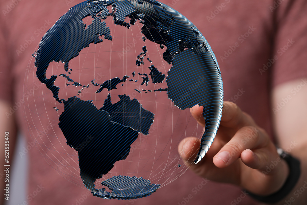 Poster Person interacts with a digital globe, symbolizing global connectivity and networking.