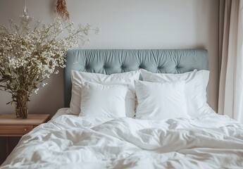 A white duvet and pillows on the bed in a bedroom interior mockup, front view. Modern home decor with comfortable furniture and a pastel blue headboard of soft fabric, with natural light from the wind