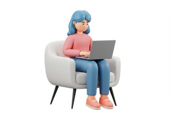 Illustration of woman sitting in chair with laptop isolated on white background