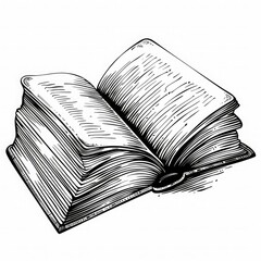 Black and white line drawing of an open book with thick pages, sketched in a vintage engraving style. Ideal for education, literature, reading, and learning-themed visuals