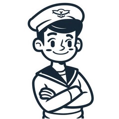 A young boy dressed in a sailor uniform, smiling confidently with arms crossed. The character has dark hair and a cheerful expression, embodying a nautical theme. Black and white illustration
