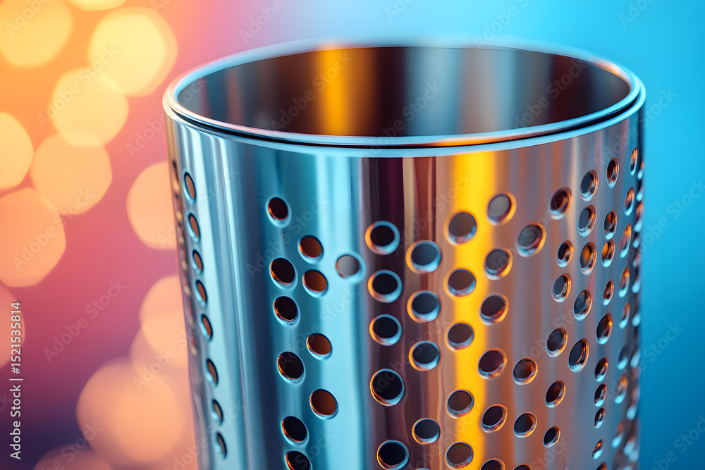Poster a close-up studio shot of a shiny, silver metal cylinder with circular patterns, showcasing its smoo