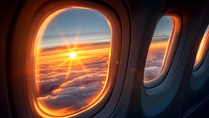 Naklejka premium Breathtaking sunrise view from an airplane window above the clouds, showcasing vibrant colors and serenity.
