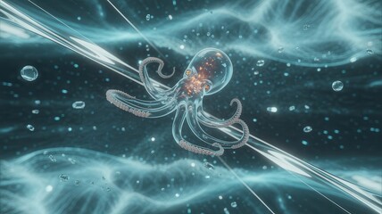 Futuristic Glass Octopus Floating in Sci-Fi Ocean
