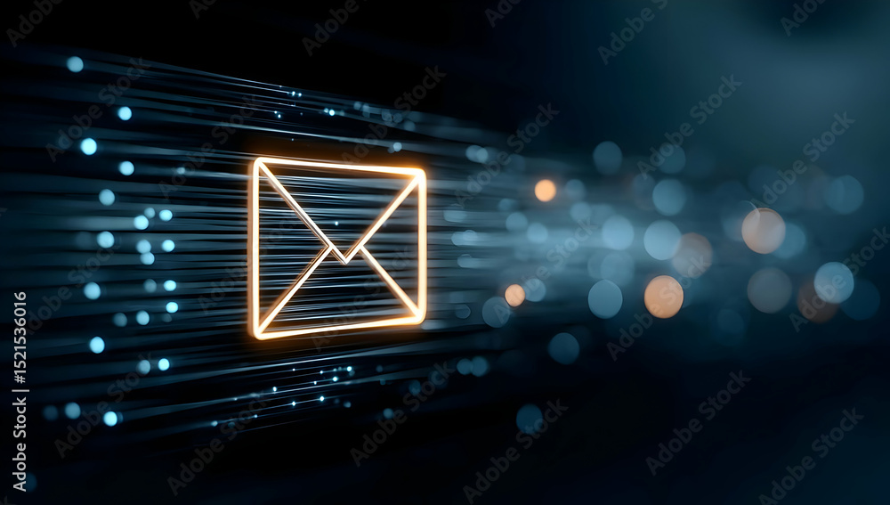 Poster a glowing envelope icon with dynamic light trails, symbolizing digital communication and email trans