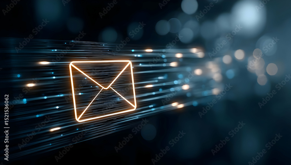 Poster dynamic illustration of electronic communication, featuring an illuminated envelope symbolizing mess