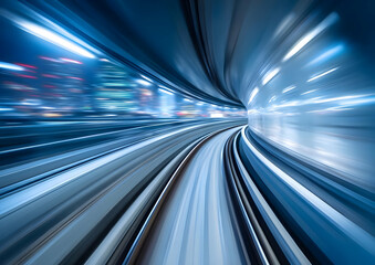 A dynamic view of a city train speeding through a futuristic tunnel, showcasing vibrant lights and motion blur.