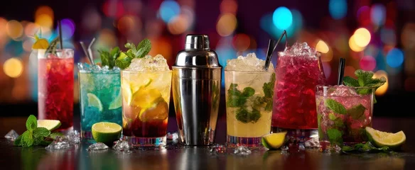 Gordijnen The vibrant array of colorful cocktails with a shiny shaker on the bar. © MP Studio
