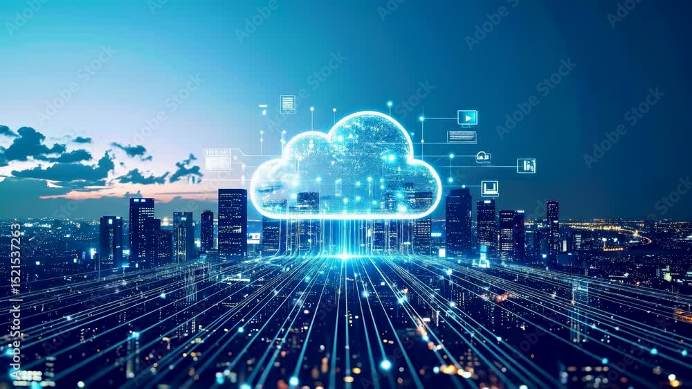 Poster illustration of edge computing and cloud technology integration, showing a glowing digital cloud ove