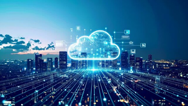 Edge computing and cloud technology integration, showing a glowing digital cloud over a cityscape, with data lines connecting devices to the cloud infrastructure. - Powered by Adobe