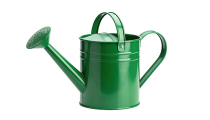 A bright green watering can sitting on a garden table ready for use highlighting gardening tools for plant care and outdoor enthusiasts isolate on transparent background