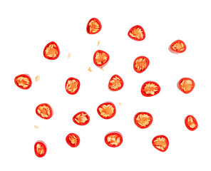 Top view set of fresh red chili pepper slices or pieces scattering isolated on white background...