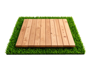 Elevated Wooden Platform with Bright Green Grass Border, Isolated on White Background PNG