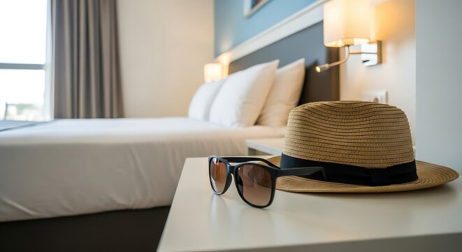 A straw hat and sunglasses rest on a bedside table in a hotel room next to a neatly made bed.