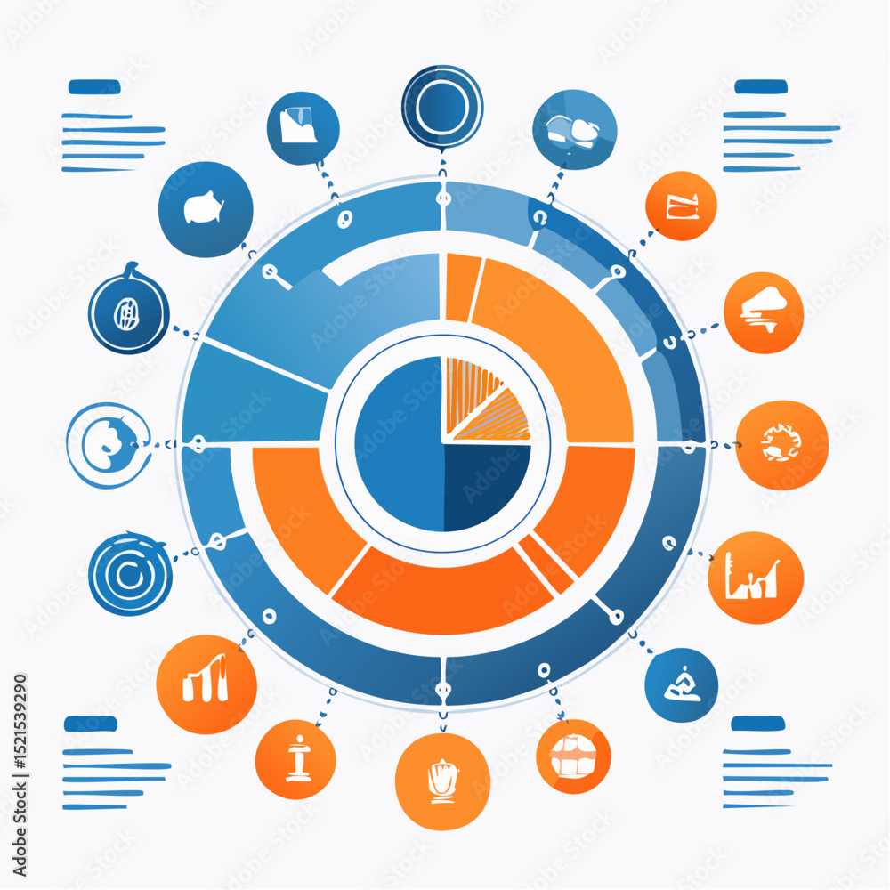 Aufkleber an infographic design in vector format, showcasing circular and bar chart elements with blue and ora