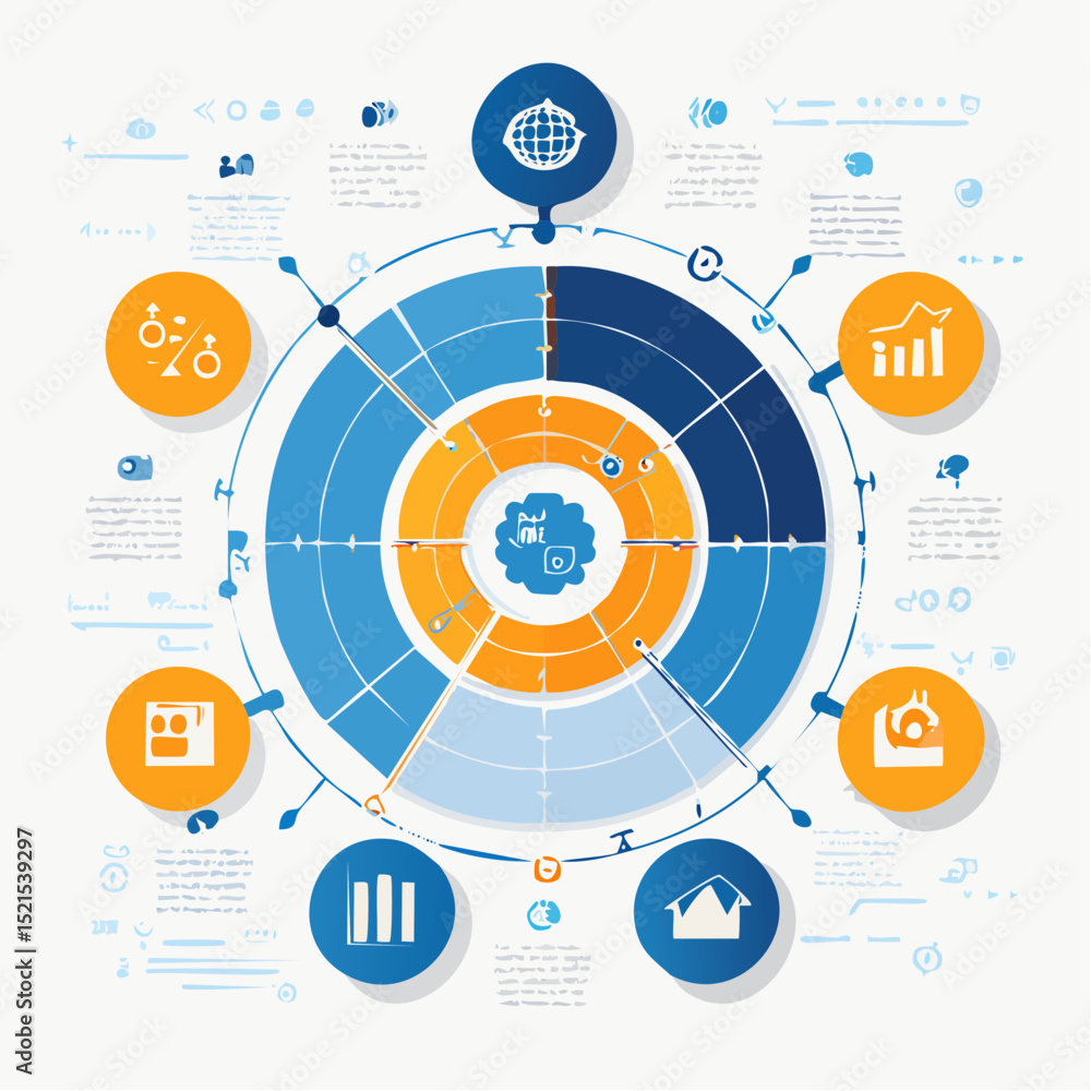 Aufkleber a modern vector infographic with circular diagrams, bar charts, and icons in blue and orange color s
