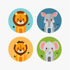 Fototapeta premium Vector icons of jungle animals — lion, elephant, giraffe, and zebra — in a flat, colorful, and friendly design style-generative AI
