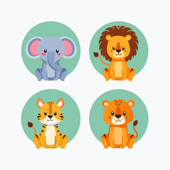 Naklejka premium Flat vector animal icons set, including giraffe, zebra, lion, and elephant, drawn in a simple, playful, and clean aesthetic-generative AI