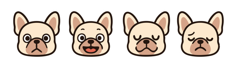 Kawaii French Bulldog Emoji Set – Surprised, Happy, Sleepy and Disappointed Cute Dog Faces – Vector Sticker Pack
