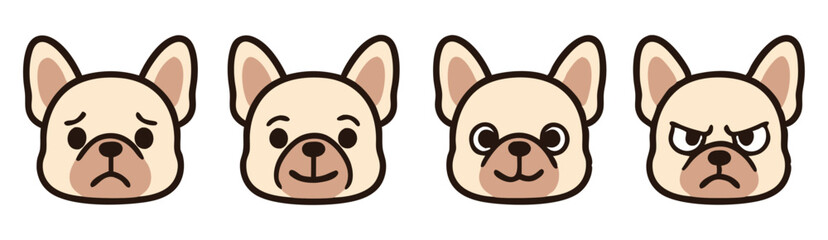 Obraz premium Kawaii French Bulldog Face Emotes – Sad, Neutral, Smiling and Angry Cute Dog Expressions – Vector Sticker Pack 