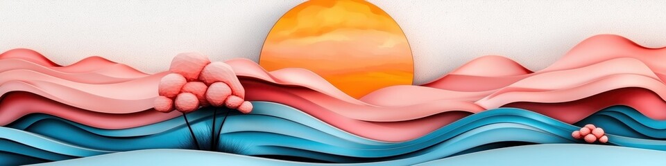 Abstract Sunset Waves Pink, Blue, and Teal Stylized Ocean