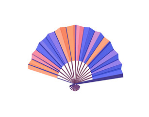 Open hand fan with alternating orange pink and blue panels and dark brown ribs