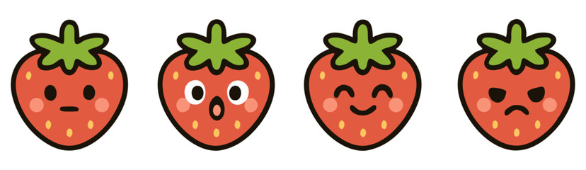 Obraz premium Cute Strawberry Emoji Set – Neutral, Surprised, Happy and Angry Kawaii Fruit Faces – Vector Sticker Collection 