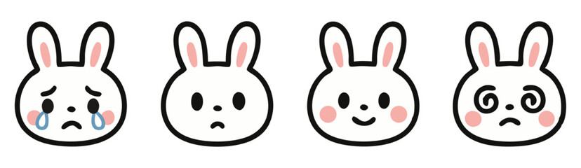 Kawaii Bunny Face Vector Set &ndash; Crying, Confused, Sad and Smiling Rabbit Emotes &ndash; Cute Sticker PNG

