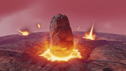 Dramatic Eruption with Rock Formation Surrounded by Fiery Explosions and an Orange Lava Landscape