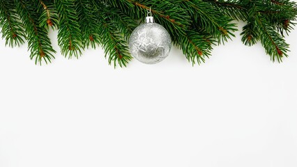 Elegant Silver Christmas Ornament Hanging from Fresh Green Pine Branches on White Background