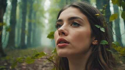 Portrait of a Woman Surrounded by Nature in a Misty Forest with Green Leaves and Soft Lighting