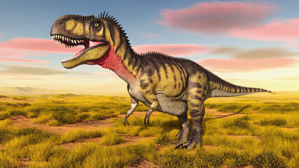 Realistic depiction of a Tyrannosaurus rex in a prehistoric landscape under a colorful sky