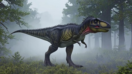Majestic Tyrannosaurus Rex Roaming Through a Foggy Forest Landscape Surrounded by Lush Greenery
