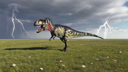 Realistic dinosaur model in dramatic landscape under stormy sky with lightning and grass field
