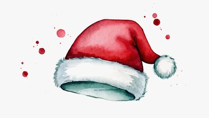 Watercolor Illustration of Classic Red Santa Hat with White Fur Trim and Red Paint Splashes