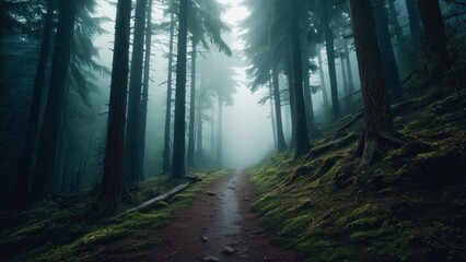 Misty Forest Pathway Surrounded by Tall Trees and Lush Greenery in Ethereal Light