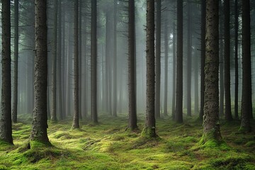 Obraz premium Misty Forest with Mossy Ground and Towering Trees