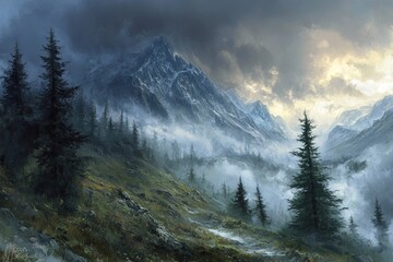 Majestic Mountain Peaks with Clouds and Mist