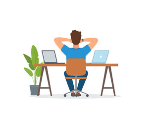 Relaxed worker with hands behind head at desk with two laptops