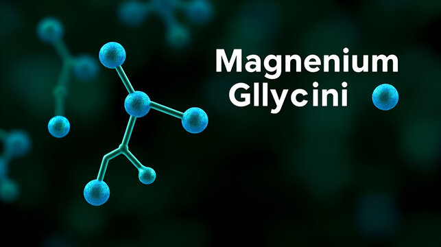 Magnesium Glycinate molecule illustration with a blue and green color scheme.