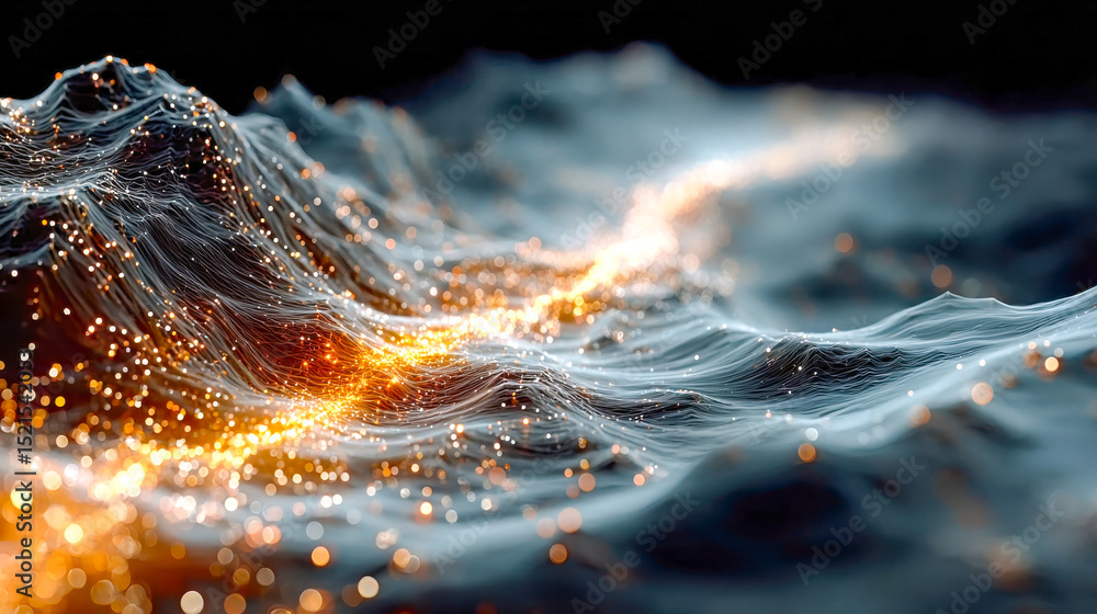 Poster an abstract visualization of flowing digital waves with glowing particles and wireframe textures in 