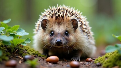 Fototapeta premium Adorable hedgehog in nature close‑up among moss and acorns, cute wild animal portrait in woodland habitat