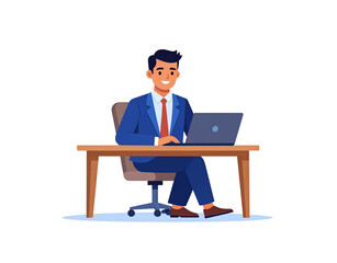 Obraz premium Smiling businessman in blue suit working on a laptop at his desk