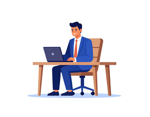Smiling Businessman Working on Laptop at Desk in Blue Suit and Orange Tie