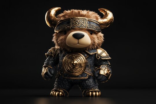 A cute ox dressed in a warrior mascot costume is set against a black background, representing the 12 Chinese zodiac signs horoscope concept, available as stock