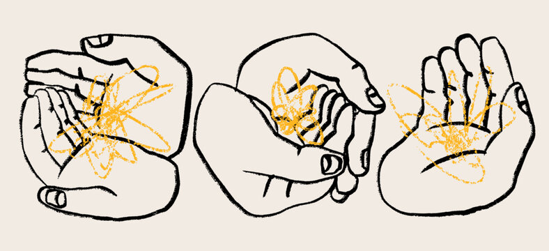 Human hands holding something. Abstract doodle sketchy shape lying in palms. Hand drawn modern Vector illustration. Isolated design elements. Poster, print, sticker templates. Care, support concept